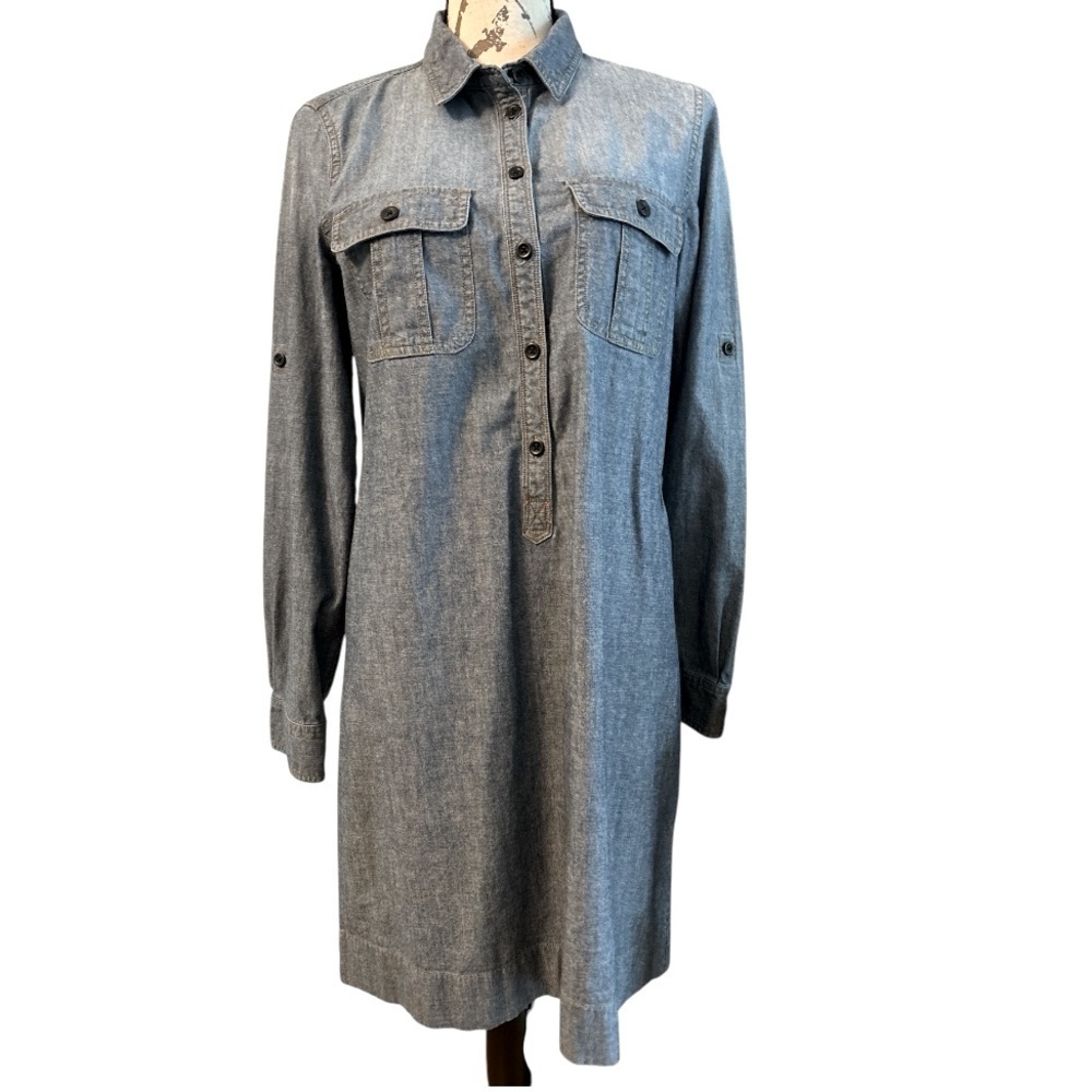 J. Crew shirt dress, denim, sz small, half button, pockets, button up sleeves.